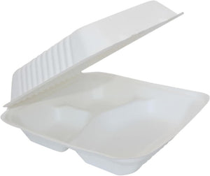 RiteEarth - 9" x 9" x 3" 3 Compartment Bagasse Hinged Container, 200/cs - H903