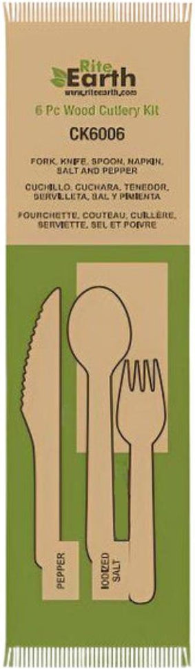 RiteEarth - Wooden Cutlery 6/1 Kit (Knife + Fork + Spoon + Napkin + Salt + Peper), Pack of 250 - CK6006