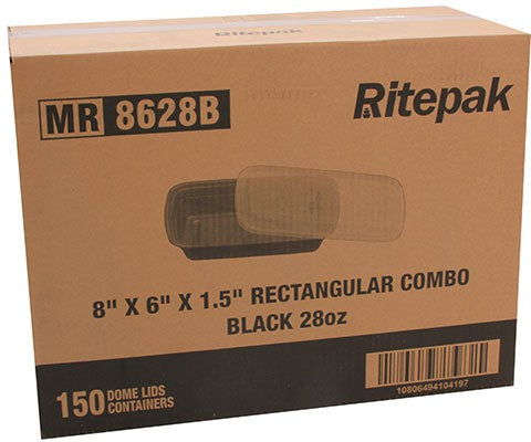 RitePak - 28 Oz, 8" X 6" X 1.5" Black Rectangle Microwavable Container Combo, Pack of 150 - MR8628B