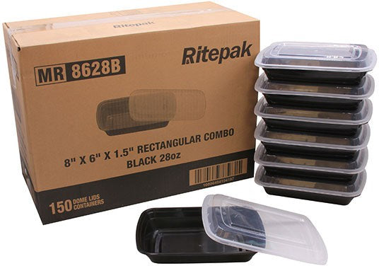 RitePak - 28 Oz, 8" X 6" X 1.5" Black Rectangle Microwavable Container Combo, Pack of 150 - MR8628B