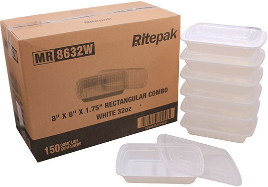 RitePak - 32oz, 8" X 6" X 1.75" White Rectangle Microwavable Container Combo, Pack of 150 - MR8632W