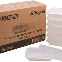 RitePak - 32oz, 8" X 6" X 1.75" White Rectangle Microwavable Container Combo, Pack of 150 - MR8632W