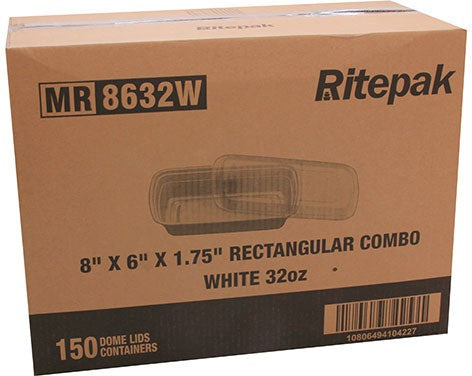 RitePak - 32oz, 8" X 6" X 1.75" White Rectangle Microwavable Container Combo, Pack of 150 - MR8632W