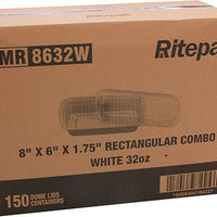 RitePak - 32oz, 8" X 6" X 1.75" White Rectangle Microwavable Container Combo, Pack of 150 - MR8632W