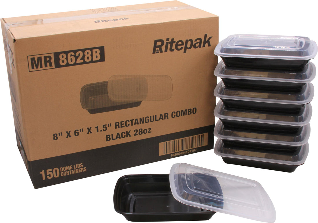 RitePak - 38oz, 8" x 6" x 2" Black Rectangular Microwavable Container with Lid Combo, 150/Cs - MR8638B
