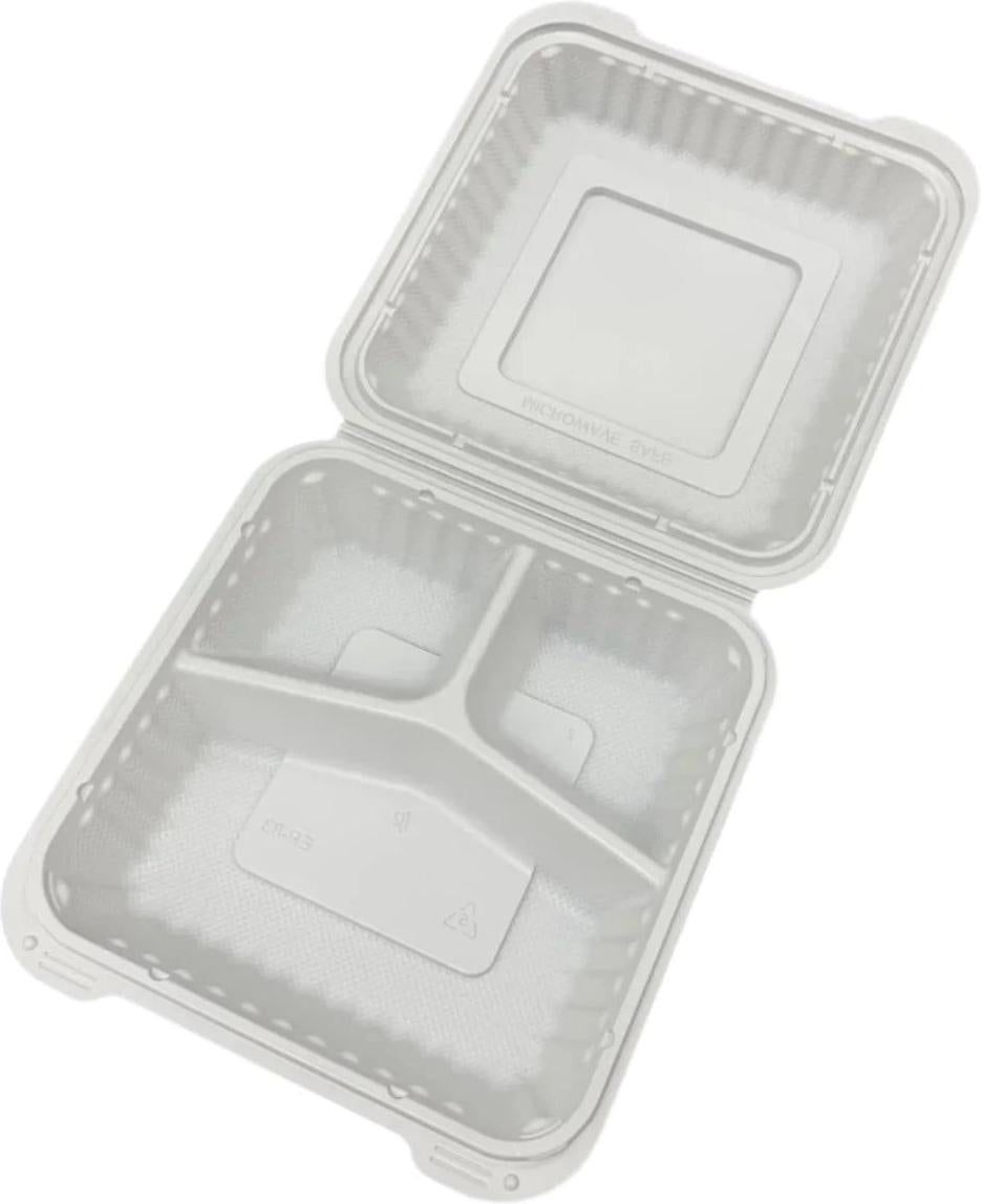 RitePak - 9" x 9" White MFPP Hinged Container with 3 Compartment, 150Pcs/Cs - SL-PP903