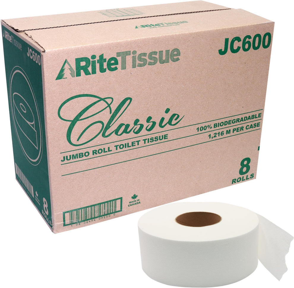 RiteTissue - 3.29" x 1216m Classic 2 Ply White Jumbo Roll Tissue, 8 Rl/Cs – JC600