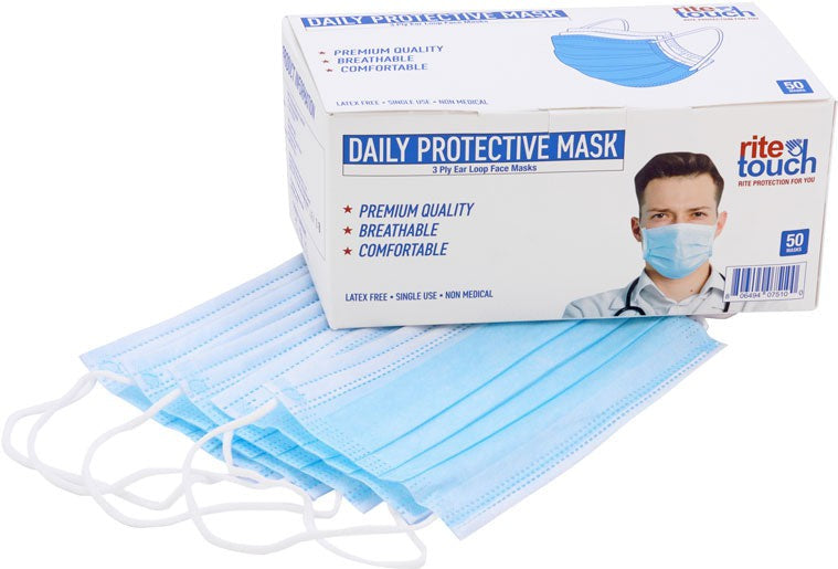 RiteTouch - 3 Ply Blue Ear Loop Face Mask, 50/Bx, 40 Bx/Cs - RS350