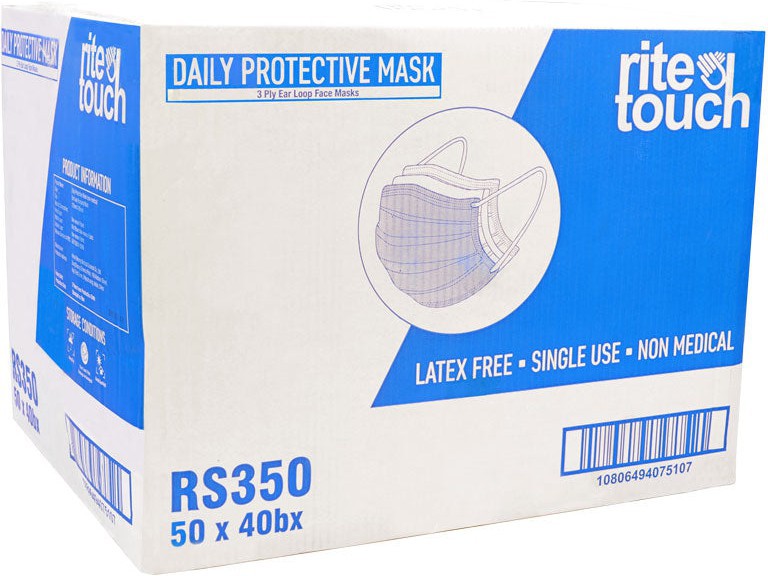 RiteTouch - 3 Ply Blue Ear Loop Face Mask, 50/Bx, 40 Bx/Cs - RS350