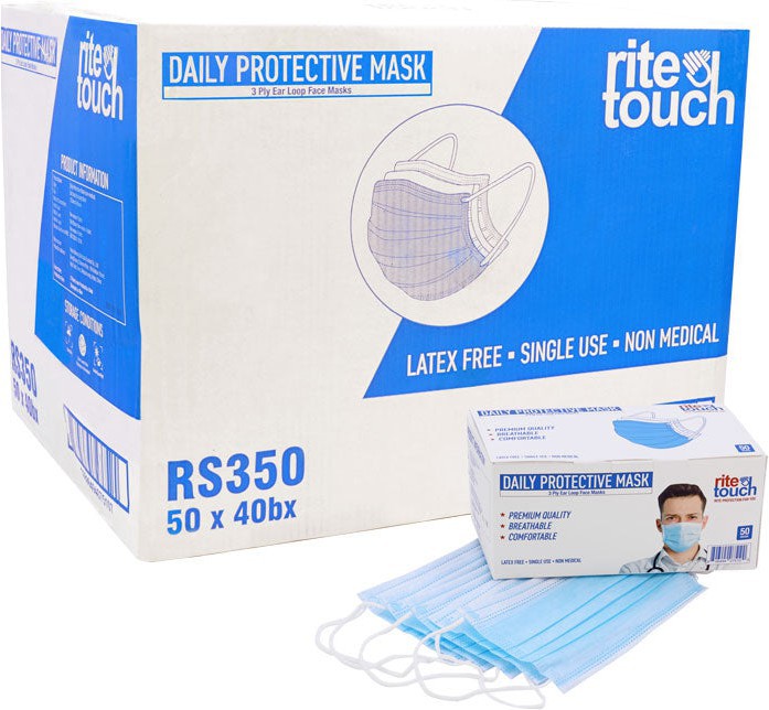RiteTouch - 3 Ply Blue Ear Loop Face Mask, 50/Bx, 40 Bx/Cs - RS350