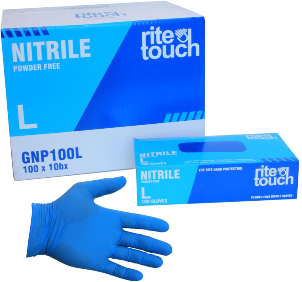 RiteTouch - 4 mil Blue Large PF Nitrile Gloves, 100/bx, 10Bx/Cs - GNP100L
