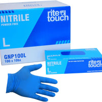 RiteTouch - 4 mil Blue Large PF Nitrile Gloves, 100/bx, 10Bx/Cs - GNP100L