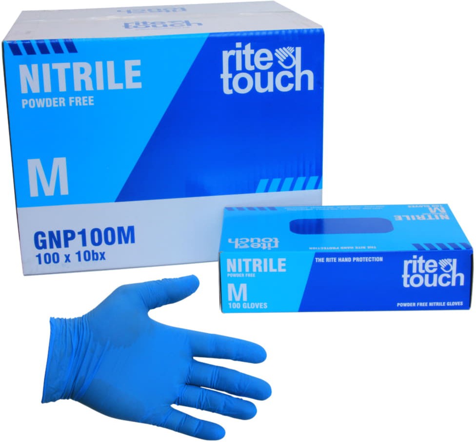 RiteTouch - 4 mil Blue Medium PF Nitrile Gloves, 100/bx, 10Bx/Cs - GNP100M