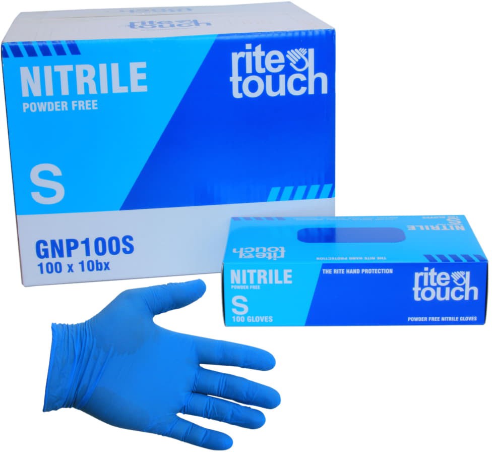 RiteTouch - 4 mil Blue Small PF Nitrile Gloves, 100/bx, 10Bx/Cs - GNP100S
