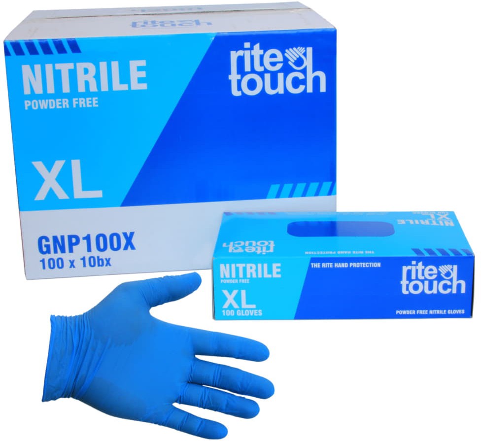 RiteTouch - 4 mil Blue X-Large PF Nitrile Gloves, 100/bx, 10Bx/Cs - GNP100X