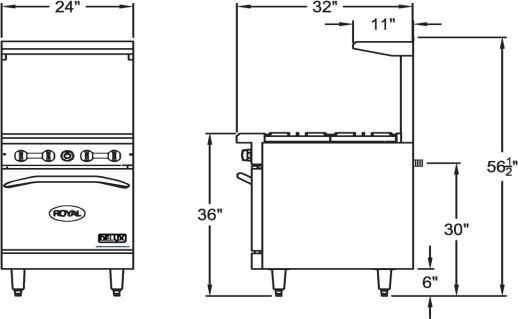 Royal - 24" Delux Stainless Steel 4 Open Burners Gas Range with One 20" Wide Oven and 2" Rear Step Up - RDR-4SU