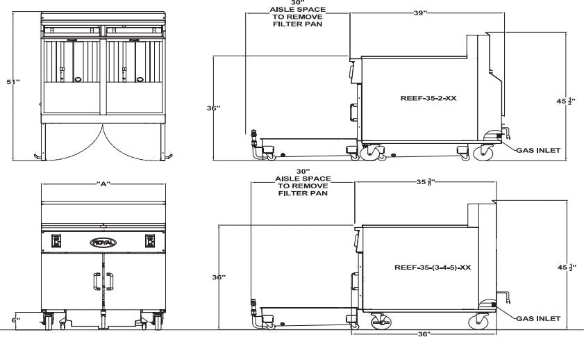 Royal - 35 Lb (77.5") Energy Efficient Gas Fryers With Built-In Filter System and 2 Product Solid State Control With Temperature Readout (5 Tanks) - REEF-35-5-DM2