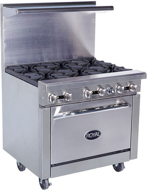 Royal - 36″ Stainless Steel 6 Open Burner Gas Range with 26.5" Wide Oven and 3" Rear Step Up - RR-6SU