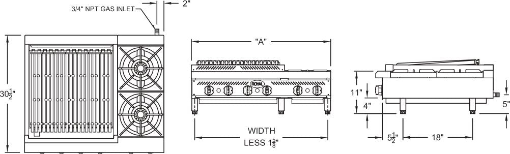 Royal - 48″ Stainless Steel Combo Pack of Radiant Broilers with 2 Burners Hot Plates - RRB-36OB2