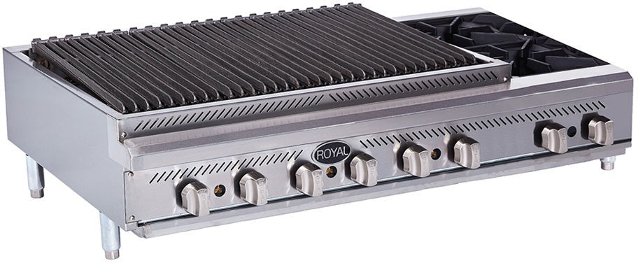 Royal - 48″ Stainless Steel Combo Pack of Radiant Broilers with 2 Burners Hot Plates - RRB-36OB2