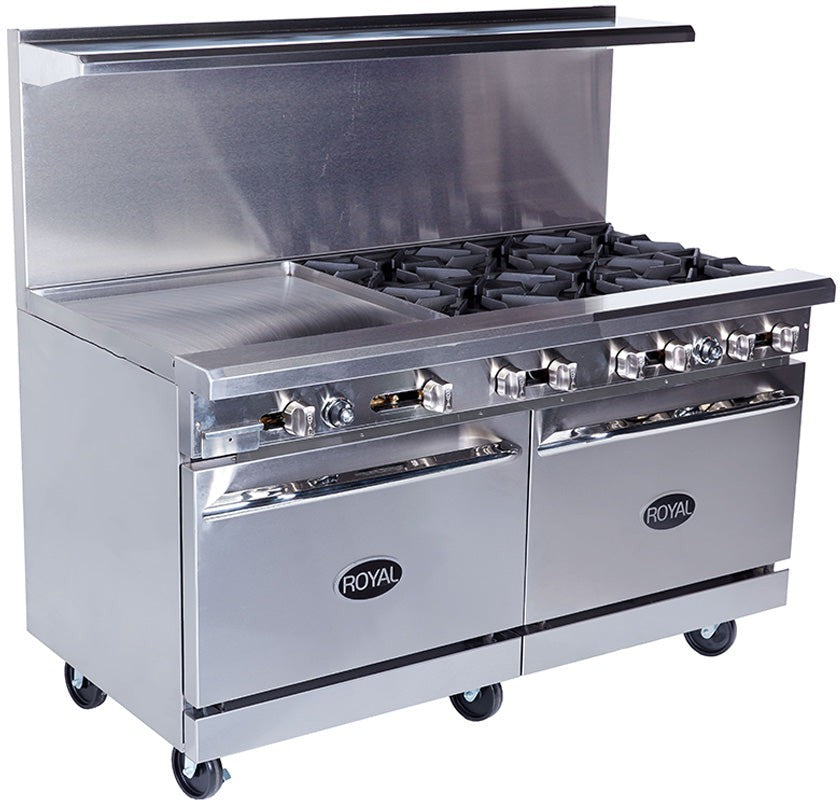 Royal - 60″ Stainless Steel 2 Open Burner Gas Range with 48” Wide Griddle and Two 26.5" Wide Ovens - RR-2G48