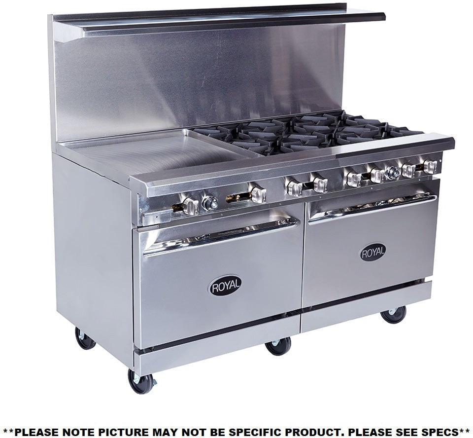 Royal - 60″ Stainless Steel 2 Open Burner Gas Range with 48” Wide Griddle and Two 26.5" Wide Ovens - RR-2G48