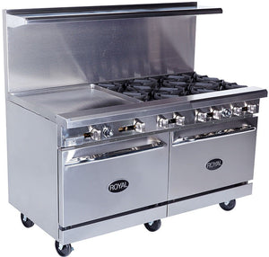 Royal - 60″ Stainless Steel 4 Open Burner Gas Range with 36” Wide Griddle and Two 26.5" Wide Ovens - RR-4G36