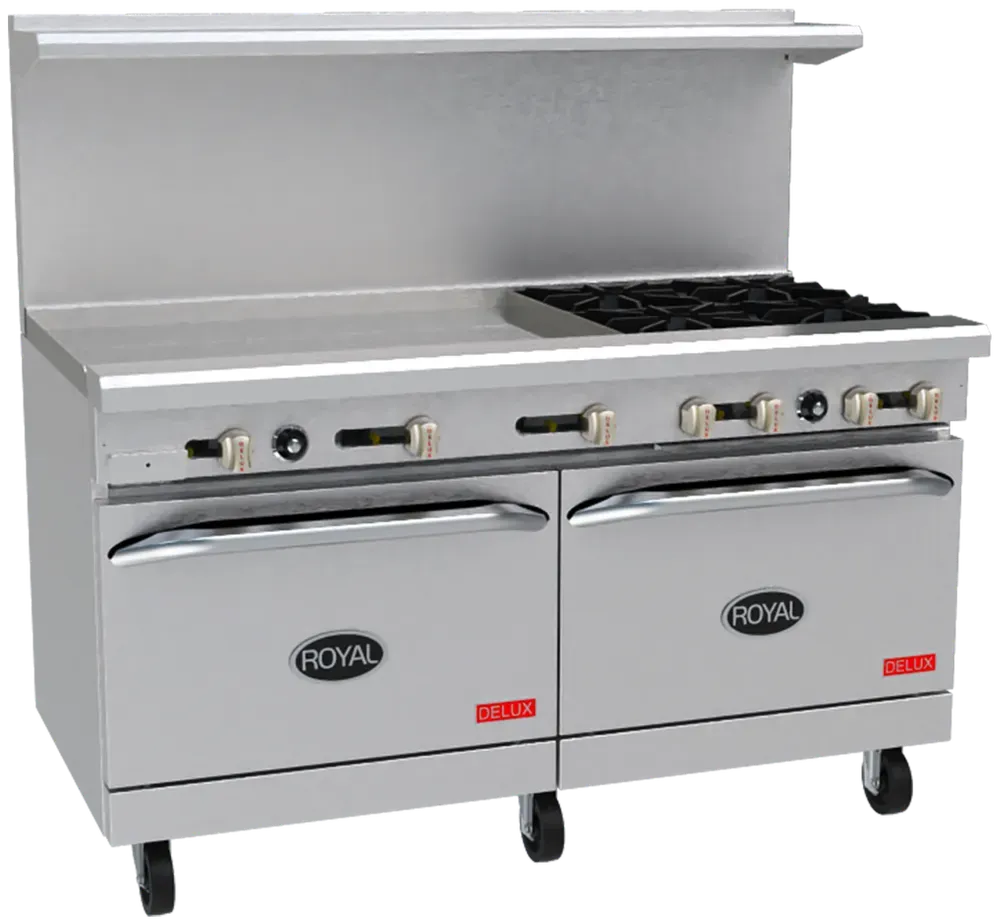 Royal - 60″ Stainless Steel 6 Open Burner Gas Range with 24” Wide Griddle and 26.5" Wide Oven - RR-6G24
