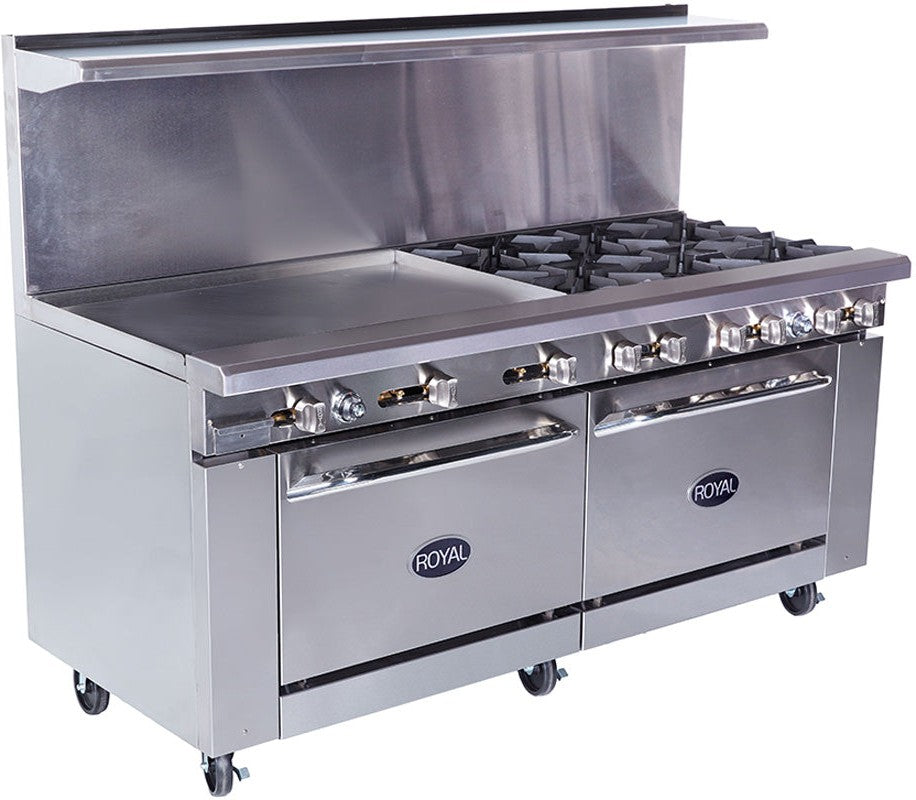 Royal - 72″ Stainless Steel 10 Open Burner Gas Range with 12” Wide Griddle and Two 26.5" Wide Ovens - RR-10G12