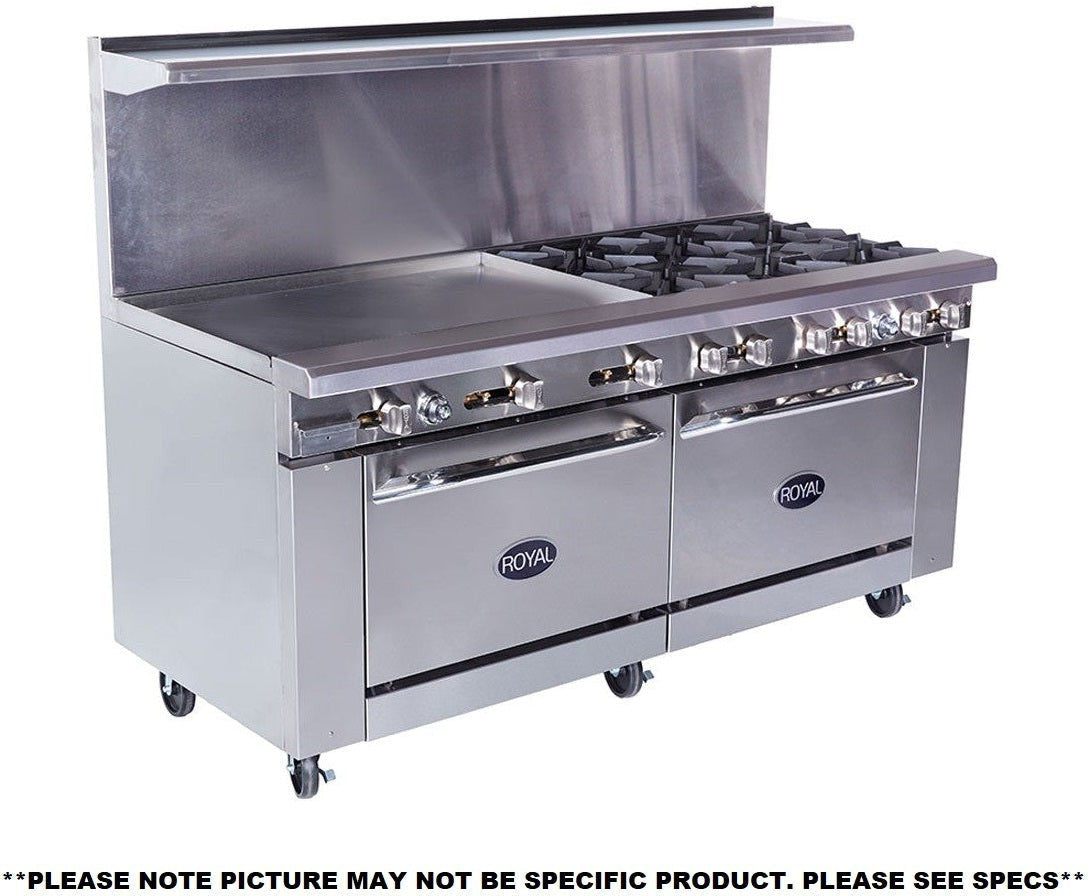 Royal - 72″ Stainless Steel 2 Open Burner Gas Range with 60” Wide Griddle and Two 26.5" Wide Ovens - RR-2G60