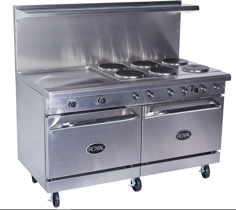 Royal - 72" Stainless Steel 4 Top Elements with 48” Wide Griddle And Two 26.5" Wide Oven Electric Range - RRE-4GT48