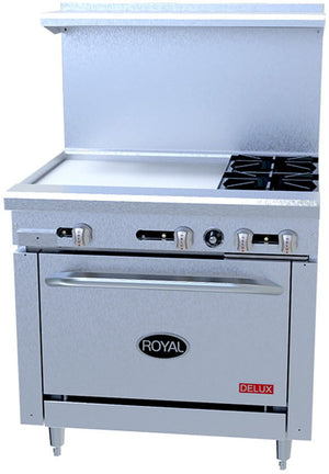Royal - Delux 36″ Stainless Steel 4 Open Burners Gas Range with One 26.5” Wide Oven and 12" Wide Raised Griddle - RDR-4RG12