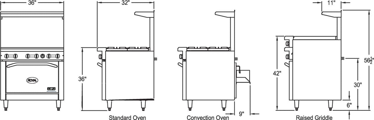 Royal - Delux 36″ Stainless Steel 6 Open Burners Gas Range with One 26.5” Wide Oven and 3" Rear Step Up - RDR-6SU
