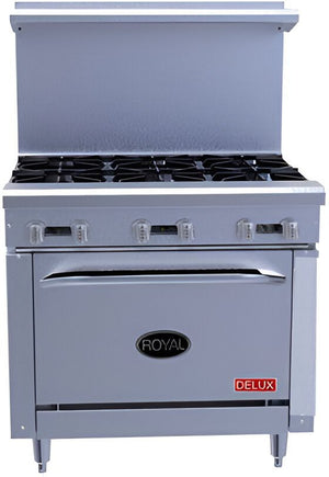 Royal - Delux 36″ Stainless Steel 6 Open Burners Gas Range with One 26.5” Wide Oven and 3" Rear Step Up - RDR-6SU