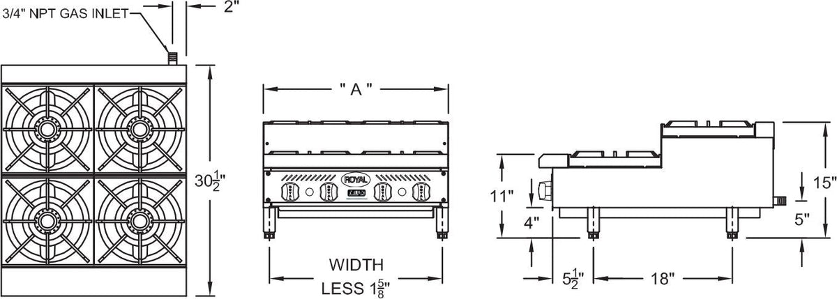 Royal - Delux 36″ Stainless Steel Gas Range with Heavy Duty Step Up Hot Plates - RDHP-36-6SU