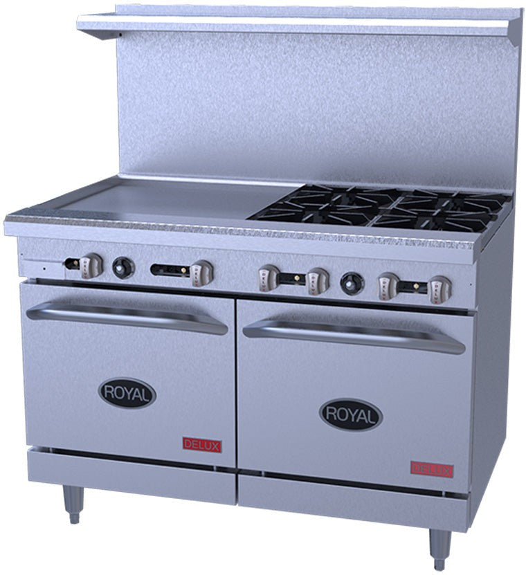 Royal - Delux 48" Stainless Steel Gas Range With Two 20" Wide Ovens with 24" Griddle - RDR-4G24