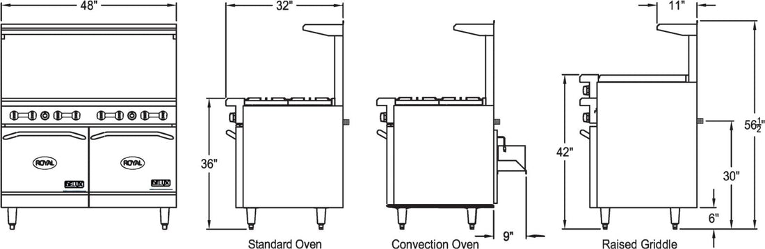 Royal - Delux 48" Stainless Steel Gas Range With Two 20” Wide Ovens with 48" Griddle - RDR-G48