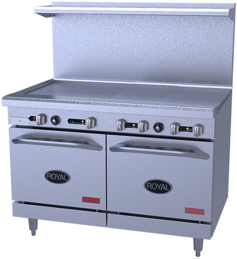 Royal - Delux 48" Stainless Steel Gas Range With Two 20” Wide Ovens with 48" Griddle - RDR-G48