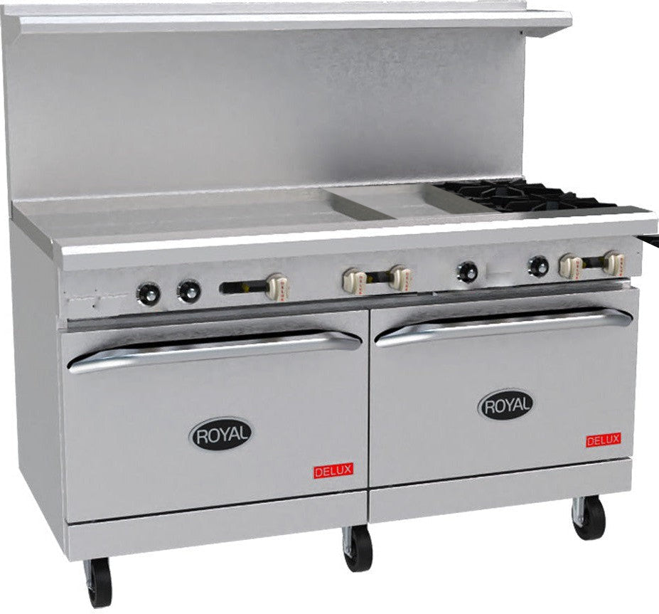 Royal - Delux 60″ Stainless Steel Gas Range with 2 Open Burners and 48” Wide Griddle - RDR-2G48