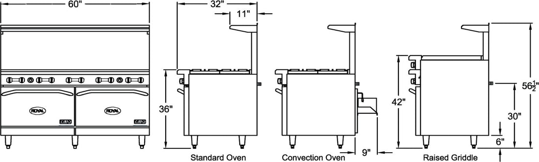 Royal - Delux 60″ Stainless Steel Gas Range with 4 Open Burners and 36” Wide Griddle - RDR-4G36