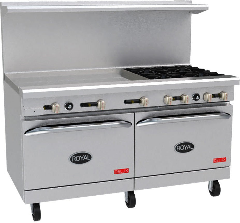 Royal - Delux 60″ Stainless Steel Gas Range with 4 Open Burners and 36” Wide Griddle - RDR-4G36