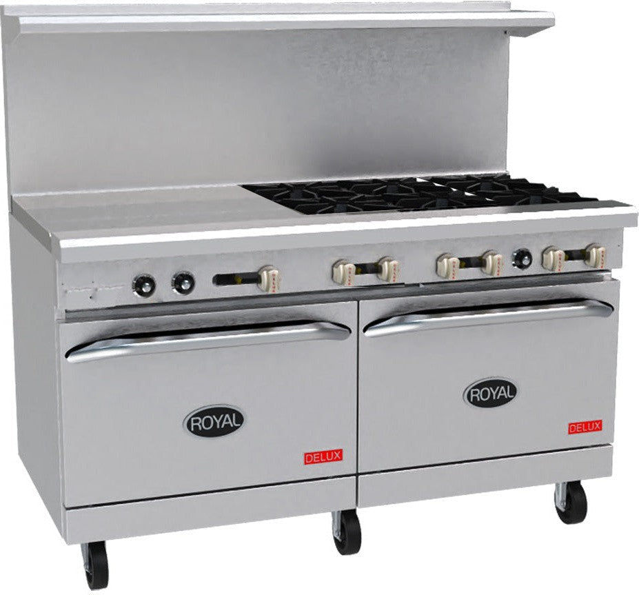 Royal - Delux 60″ Stainless Steel Gas Range with 6 Open Burners and 24” Wide Griddle - RDR-6G24