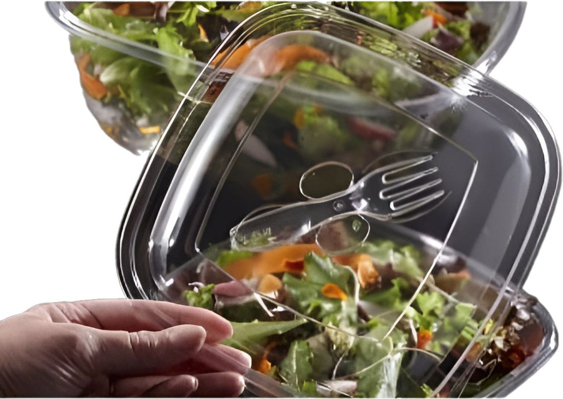 Sabert - 12 Oz Square Plastic Bowls with Lid and Spork Combo, 250/Cs - C15012B250UCL