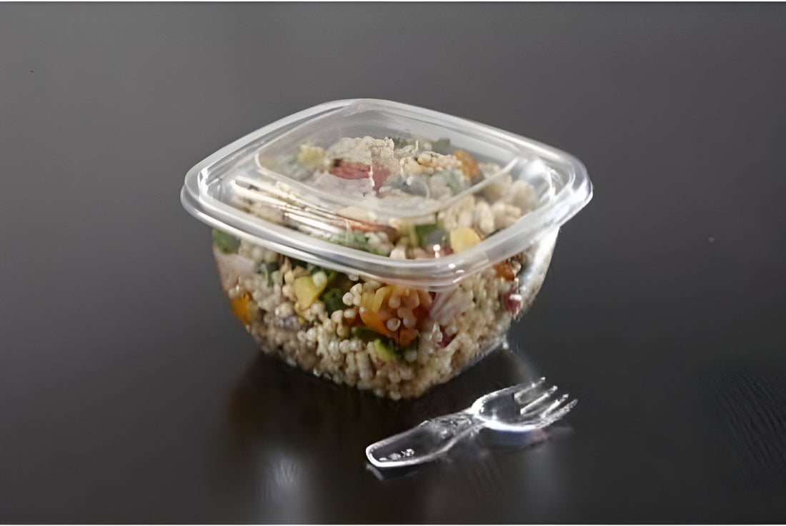 Sabert - 8 Oz Square Plastic Bowls with Lid and Spork Combo, 250/Cs - C15008B250UCL (Special Order Item)