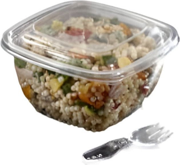 Sabert - 8 Oz Square Plastic Bowls with Lid and Spork Combo, 250/Cs - C15008B250UCL (Special Order Item)