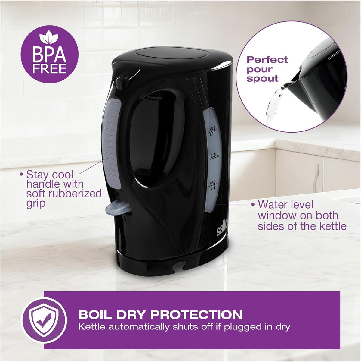 Salton - 1 L Black Cordless Jug Kettle - JK2190BK