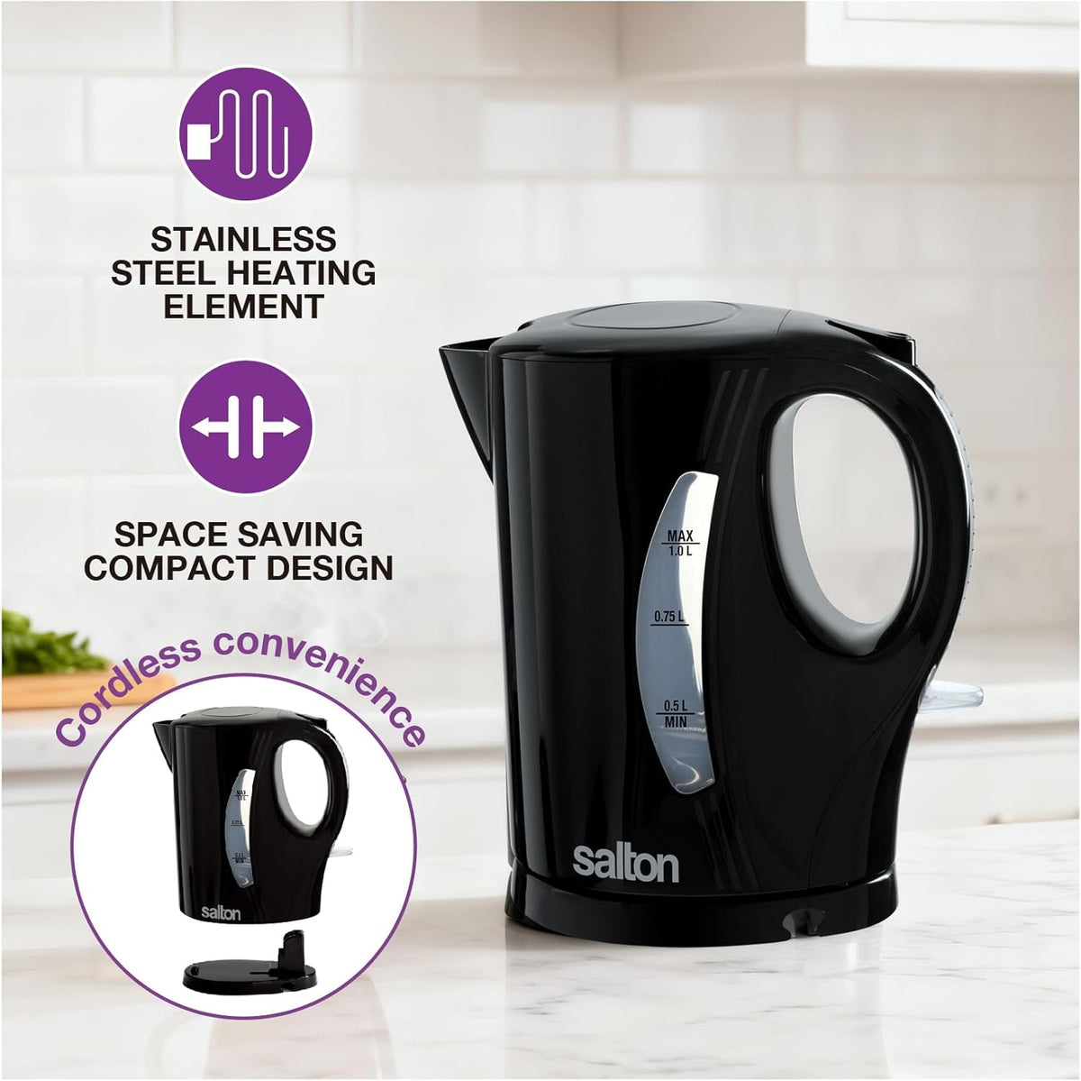 Salton - 1 L Black Cordless Jug Kettle - JK2190BK