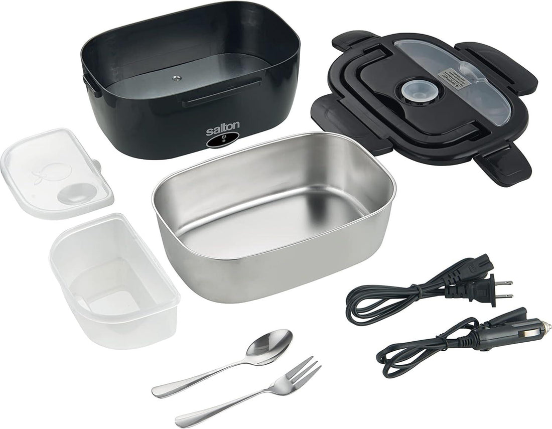 Salton - 1.5 L Black 3-in-1 Portable Electric Lunchbox with Fork & Spoon - SP2111