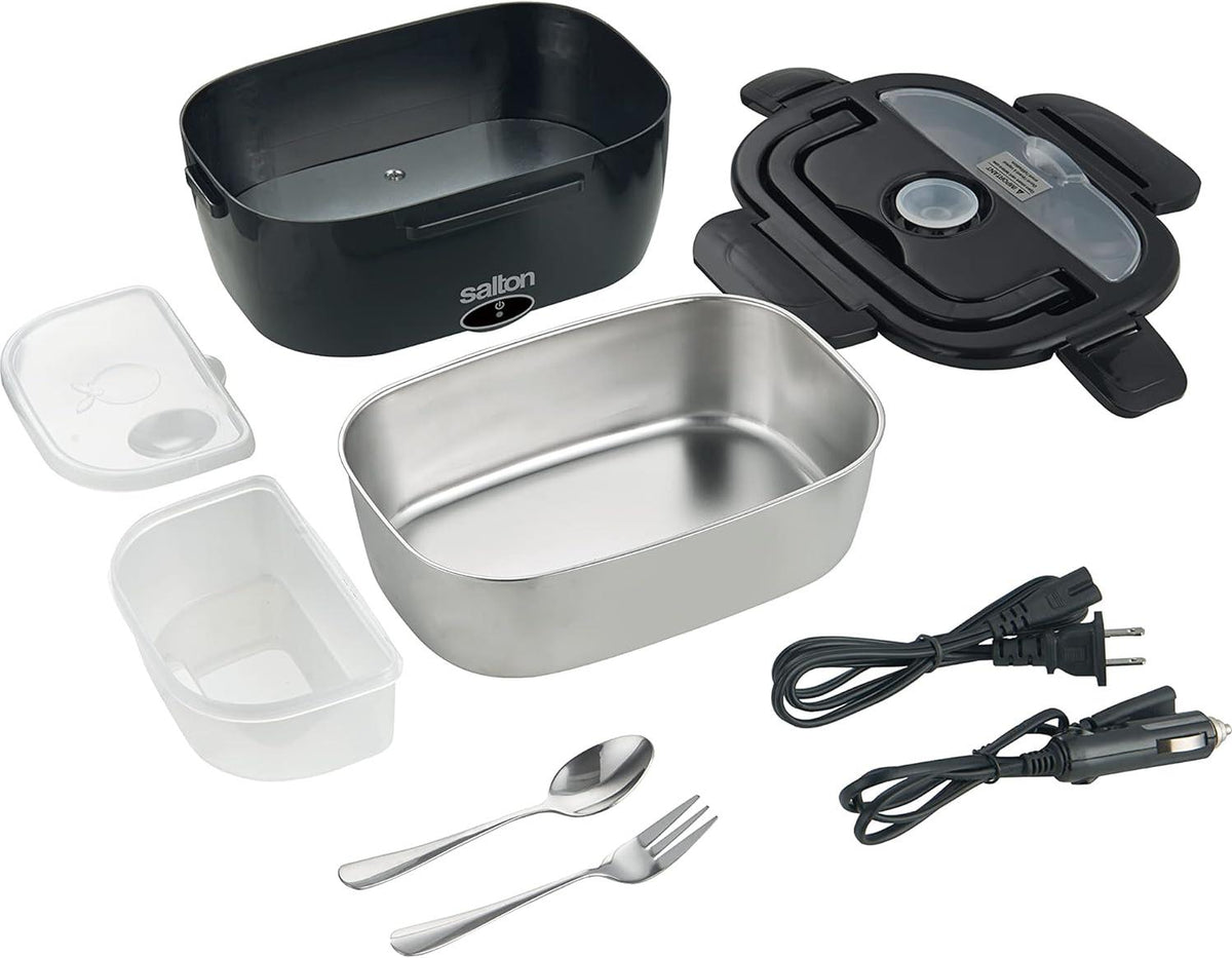 Salton - 1.5 L Black 3-in-1 Portable Electric Lunchbox with Fork & Spoon - SP2111