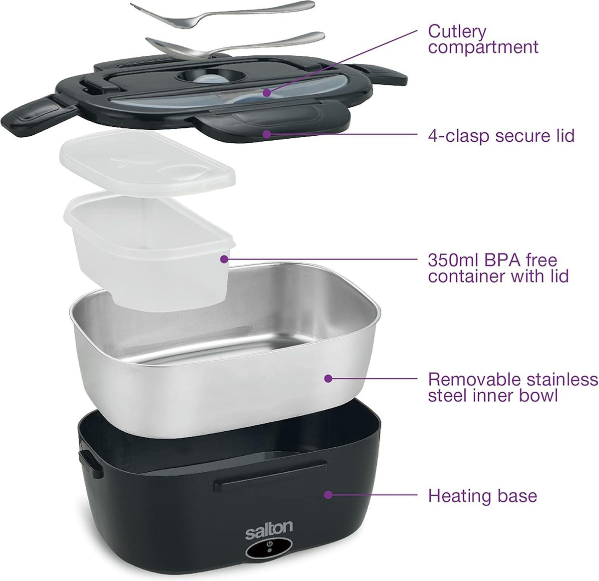 Salton - 1.5 L Black 3-in-1 Portable Electric Lunchbox with Fork & Spoon - SP2111